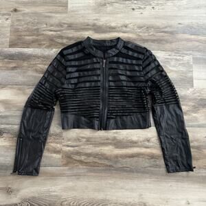 Yoki Black Faux Leather Cropped Jacket XL Mesh Stripe Zip Moto Style